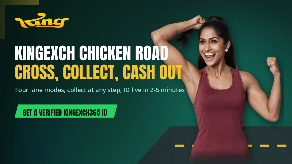 Hen standing at the kerb of a multi-lane road with a multiplier counter above it, the Chicken Road start screen inside a KingExch365 account